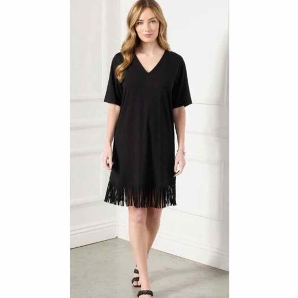 Karen Kane Black V-Neck Soft Knit Fringe Hem Dress Short Sleeve Summer Medium - Picture 9 of 10